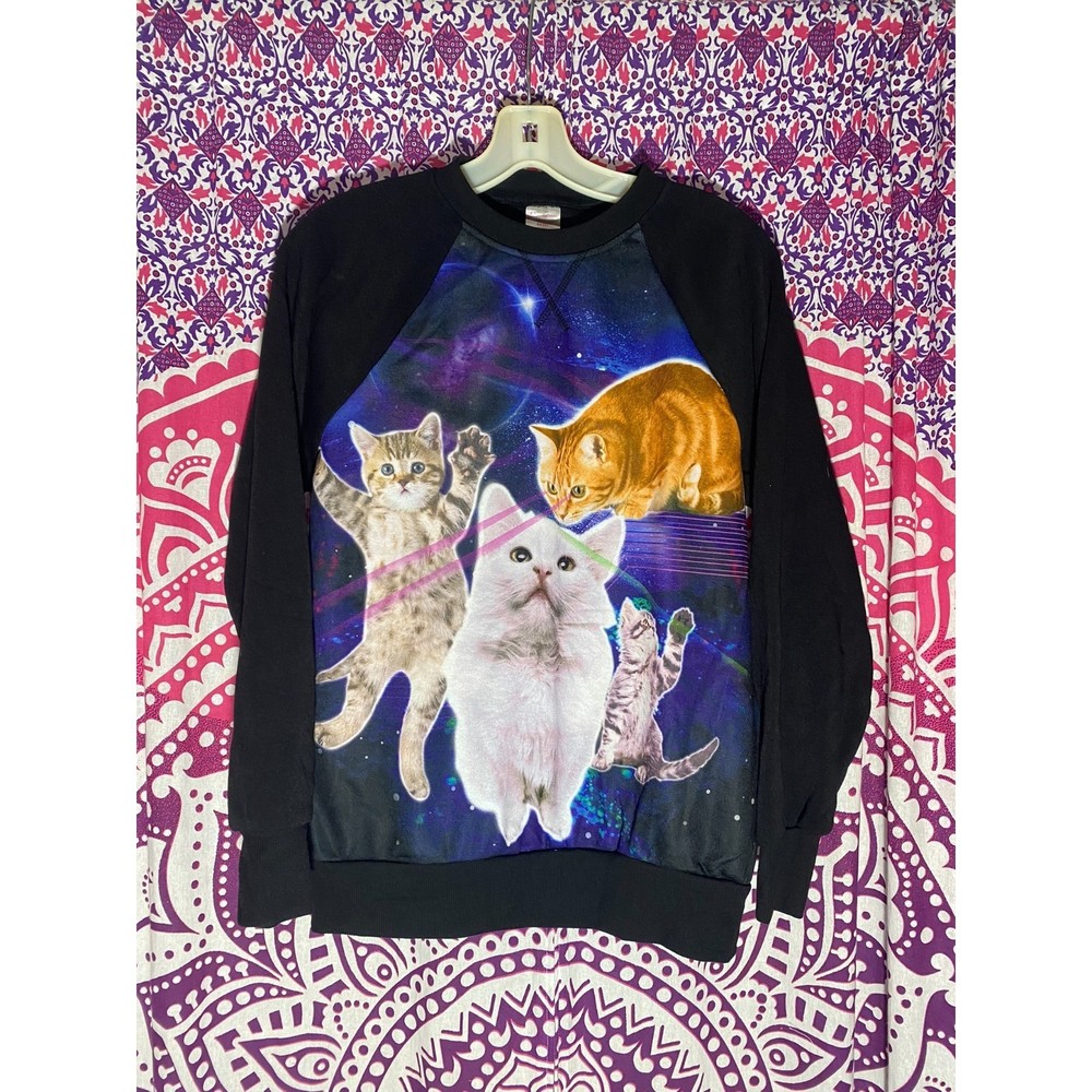 NWT Cat Kitty Space Nebula Galaxy Sweater Kitten Black Purple Size XS